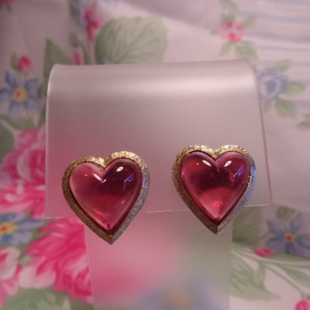 Vintage Translucent Pink Heart Clip Earrings